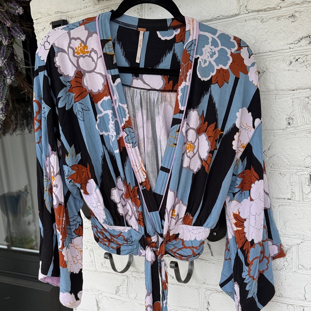 Free People Blue, Rust & White Floral Tie-Front Blouse